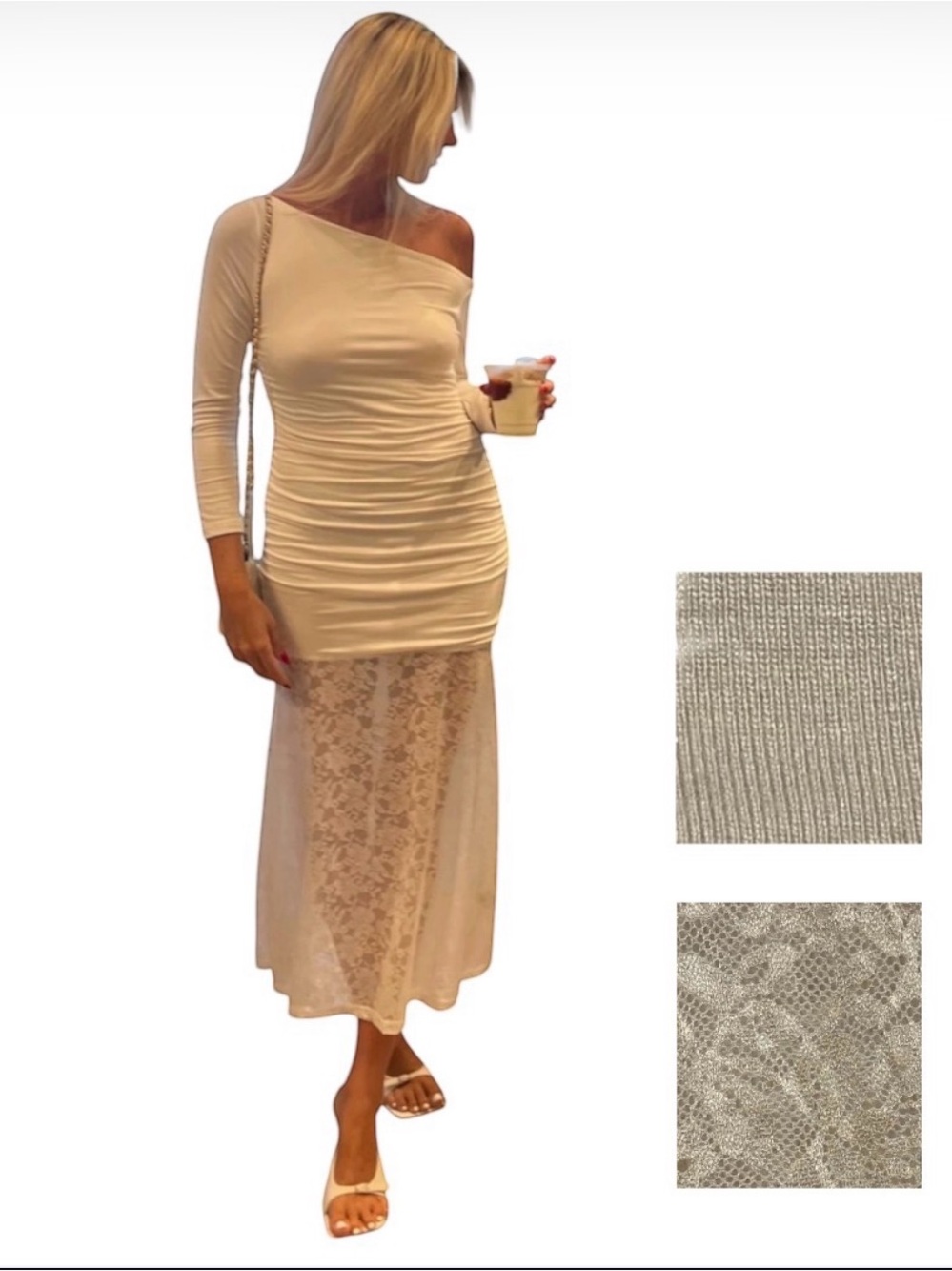 ZESICA OFF SHOULDER BODYCON RUCHED LACE CREAM DRESS NWT SIZE SMALL